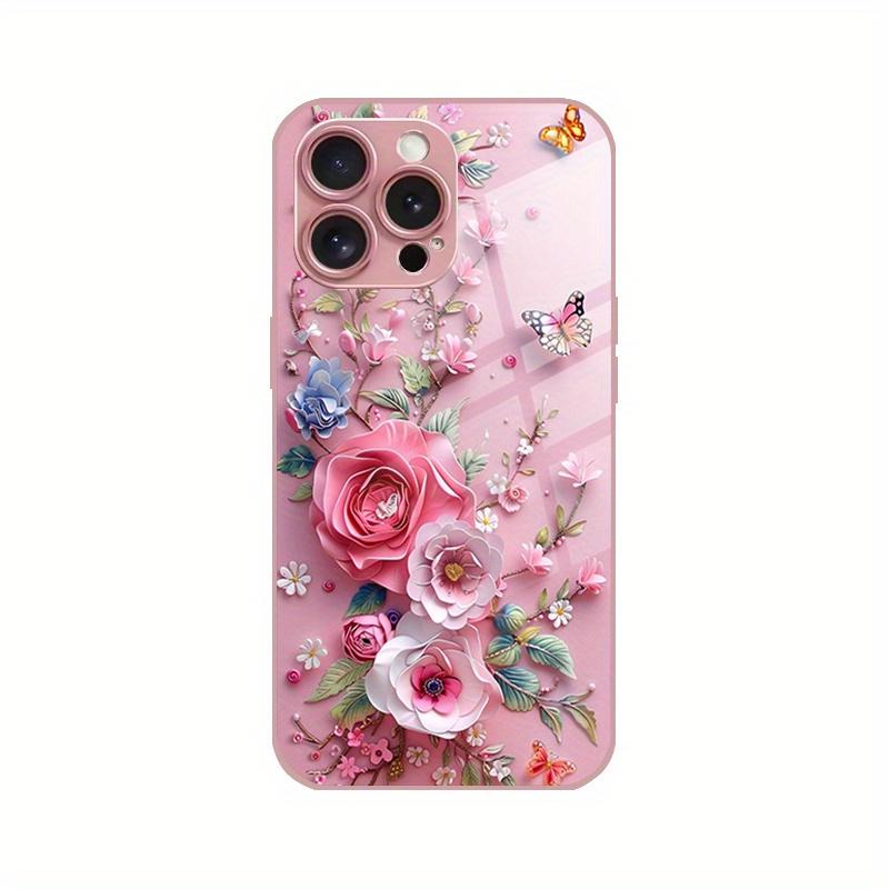 Стеклянный чехол для телефона с узором из розовых цветов, подходит для iPhone 17 16 15 14 13 12 11 Pro/Max/Plus, противоударная задняя крышка