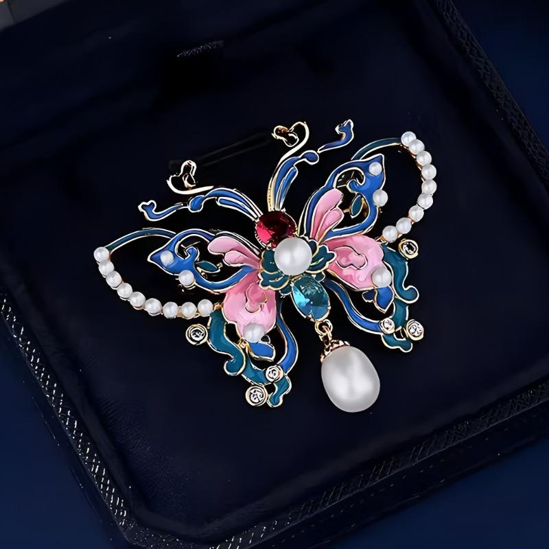 Enamel Butterfly Brooch for Women, Chinese Style, Pearl Brooch, Elegant and High-end Cheongsam Coat Pin