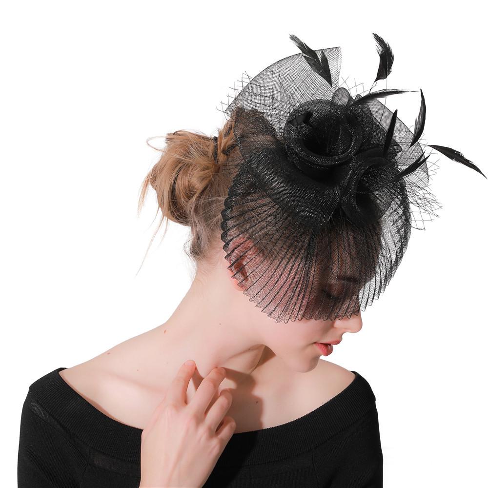 European And American Black Top Hat Popular Hemp Yarn Banquet Mesh Top Hat Bride Feather Hairpin