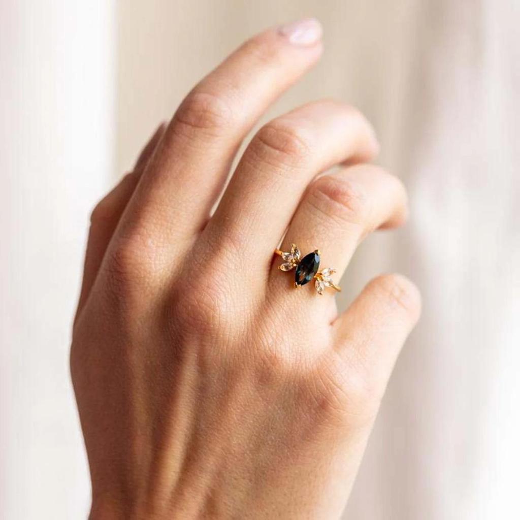 Кольцо с сапфиром цвета морской волны огранки «маркиза» – Позолоченное кольцо для помолвки с дизайном листьев, Винтажное юбилейное ювелирное украшение в подарок для женщин