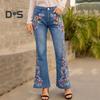 Women Jeans Floral Embroidery Flared Leg Button Zipper Closure with Pockets Mid Waist Plus Size Long Trousers for Dating Daily Wear Commuting