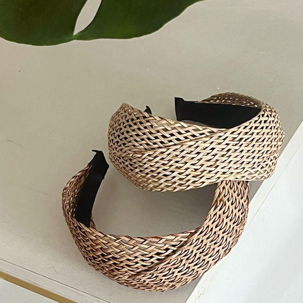 Hollow Straw Weave Headband Vacation Style Bohemian Style Hair Hoop Wide Edge Hairband Women