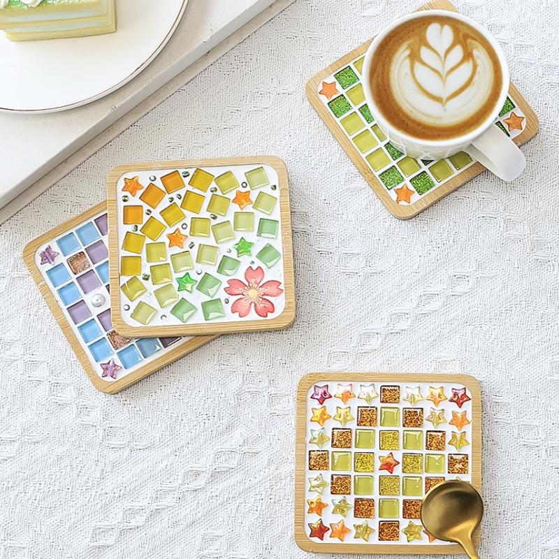 Square Round Diy Mosaic Cup Mat Mosaic Glass Handicraft Handmade Coaster Handmake Accessories Bamboo Pad Early Education