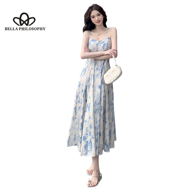 French Blue Oil Painting Long Dress Beach Dress Floral Sling Dress Women's Summer Fairy Style Casual Party Dress