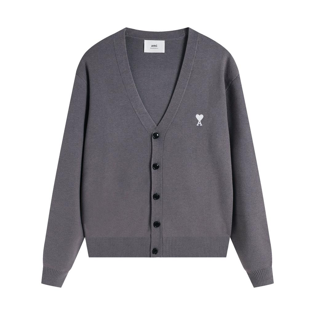 AMI Autumn and Winter New Little White Heart Alpaca Wool Blended Soft and Sticky Knitted Cardigan Round Neck Cloud Sweater Pocket Coat