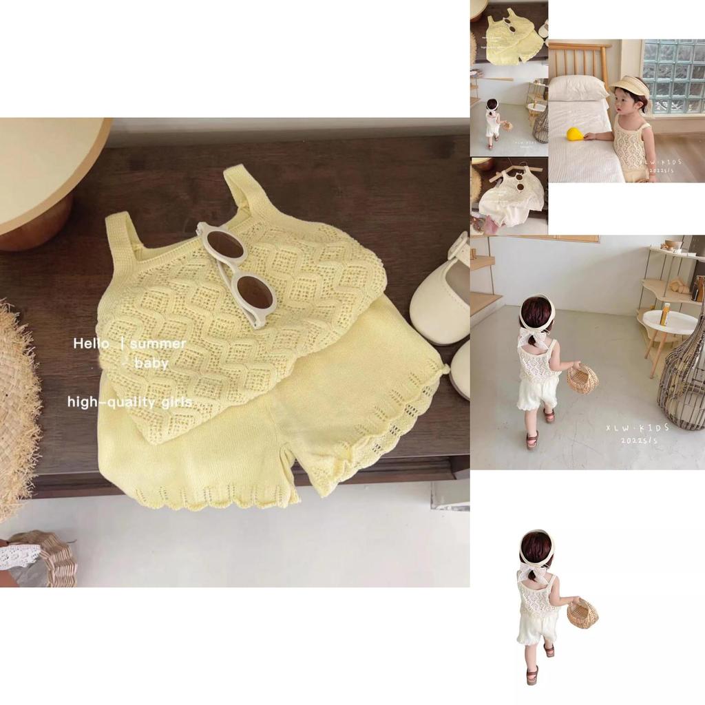 Летний вязаный комплект из двух предметов для девочек: милый ажурный топ на бретелях и шорты для малышей