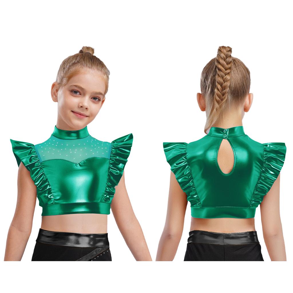 Kids Girls Metallic Tank Tops Mock Neck Mesh Patchwork Rhinestone Adorned Sleeveless Shiny Ruffle Crop Tops with Press Buttons Keyhole Back Dance Shir