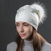 Модные вязаные шерстяные шапки со стразами и бабочками, осенне-зимние теплые женские шапки из натурального меха енота с помпоном, шапки-бини