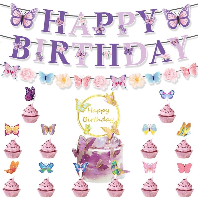 Butterfly Cake Toppers Set Party Supplies Hanging Swirls Colorful Banners Paper Texture for Creative Butterfly Dessert