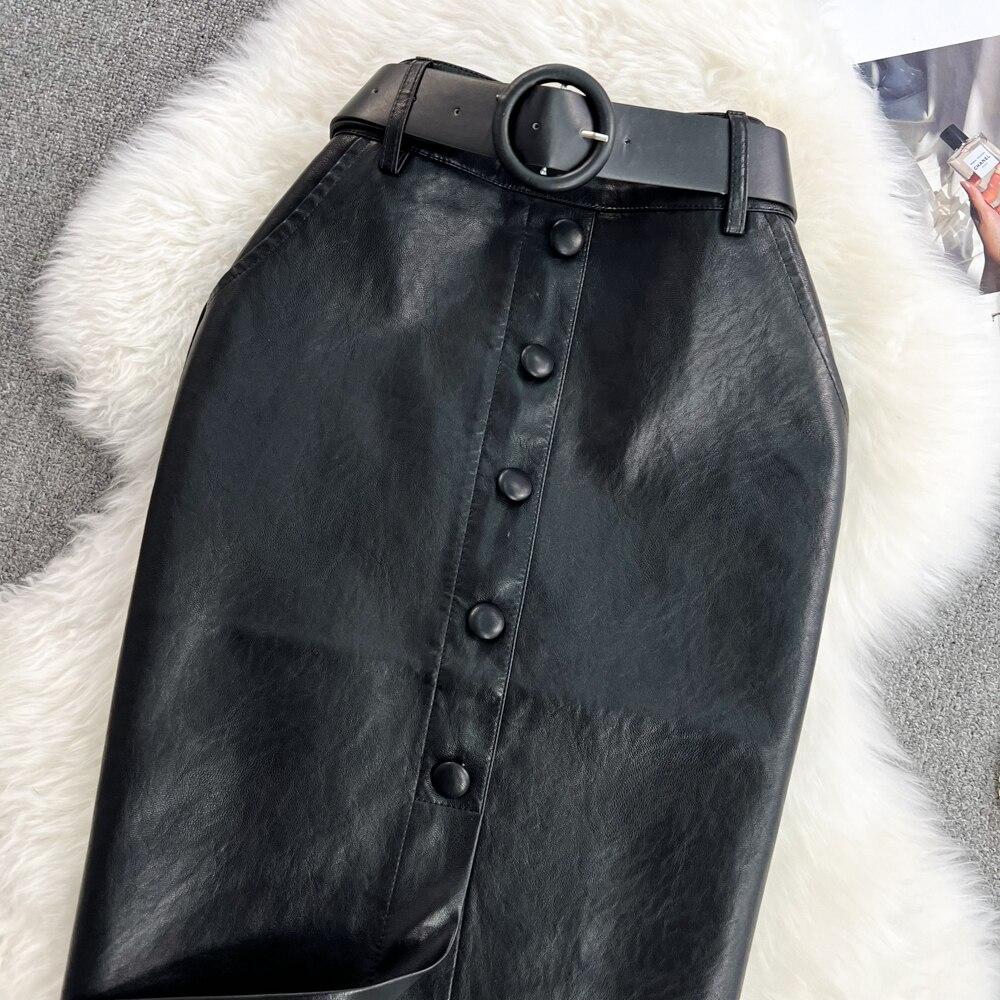 Осень и Зима Ретро Темперамент Высокая Талия Тонкий Пакет Бедра Однобортный Длинный Разрез Открытая Вымытая Кожа Юбка Половинной Длины