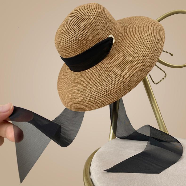 Соломенная шляпа с широкими полями в стиле Хепберн, женская летняя, французская, складная, солнцезащитная, с защитой лица, для отпуска, пляжа, путешествий, шляпа от солнца, плоская тулья
