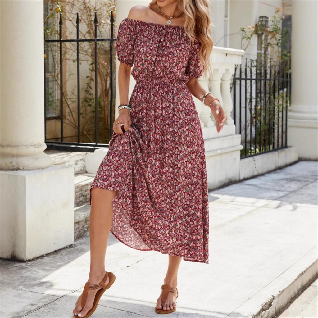 Летнее новое цветочное платье на одно плечо с коротким рукавом, праздничное платье с большой талией