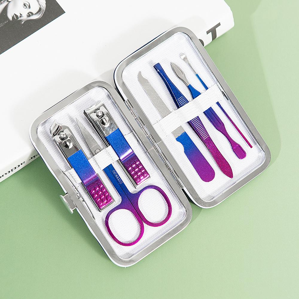 7PCS Colorful stainless steel nail clipper set, nail clipper, ear scoop, foot trimmer, beauty pliers, nail and nail repair tools