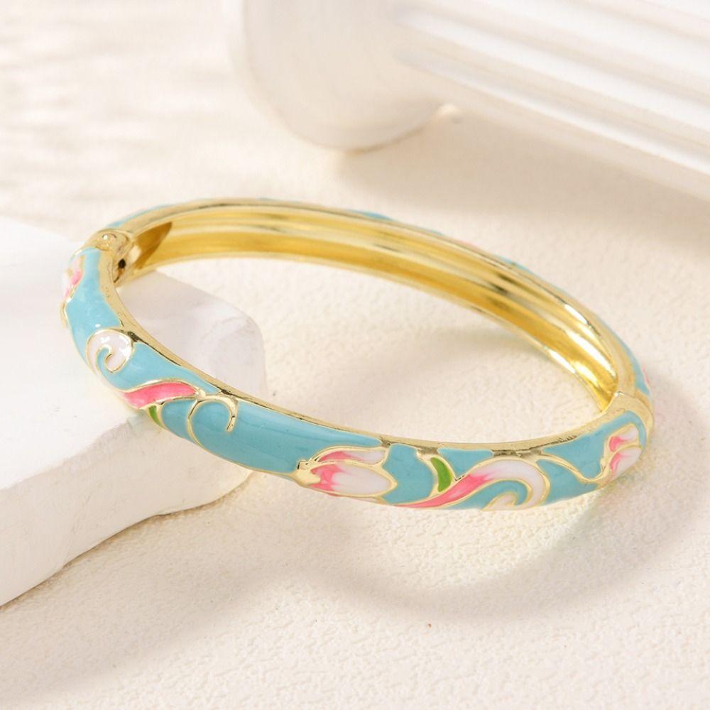 Open Chinese Cloisonne Bracelet Traditional Cheongsam Bracelet Classic Lotus Flower Bangle  Daily