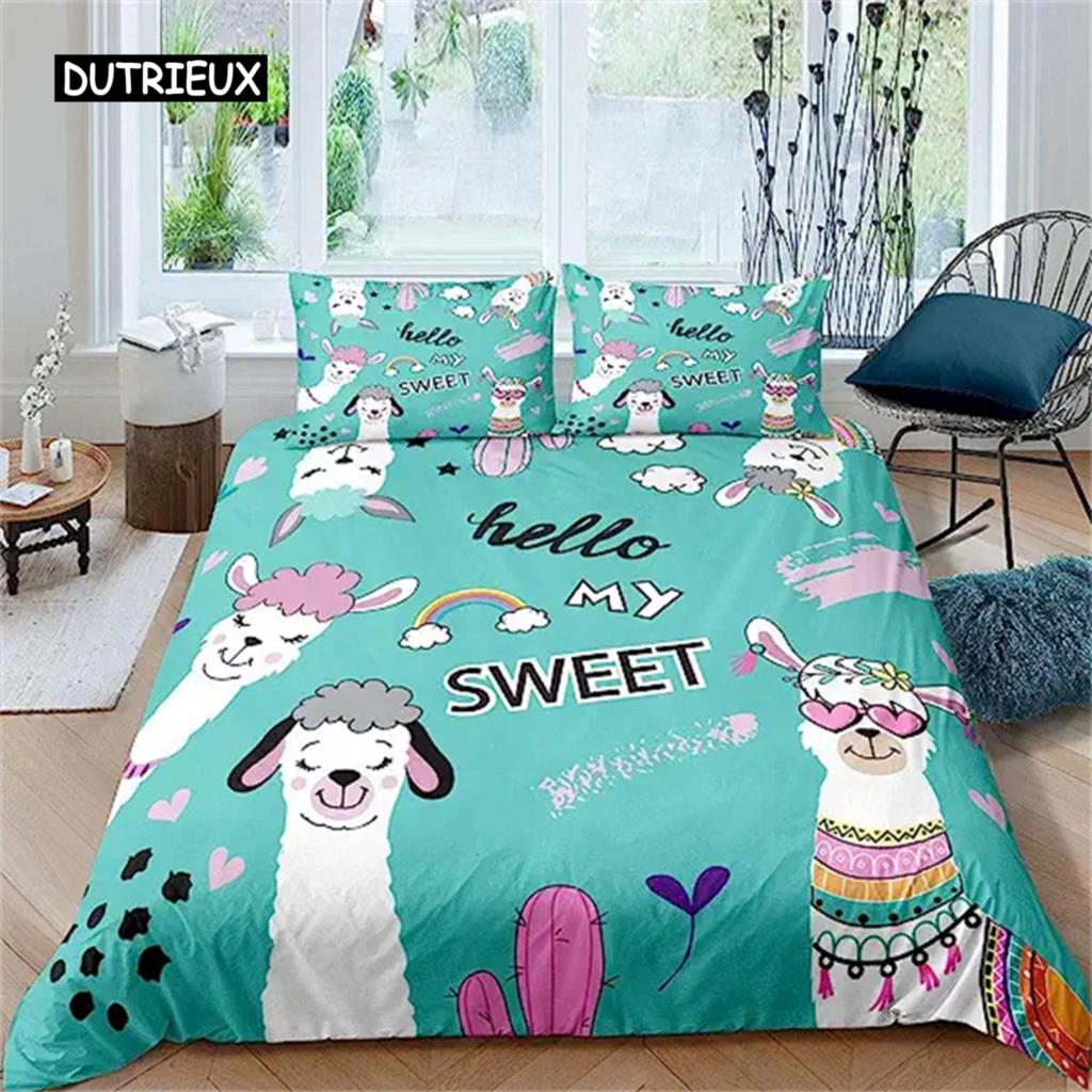 Cartoon Alpaca Duvet Cover Cute Bedding Collection Cartoon Llama Comforter Cover For Boys Girls Teens Animal Theme Bedroom Decor Green