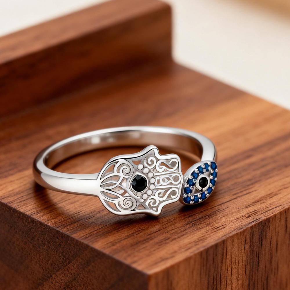 Silver Plated Lucky Hand of Fatima Opening Ring Zircon Teardrop Lotus Evil Eyes Stackable Rings Party Jewelry Gift