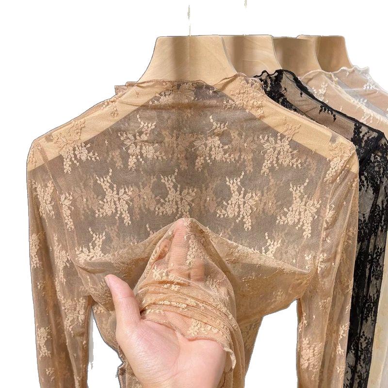 Женский базовый топ с высоким воротником из кружевной сетки - Осенний стильный прозрачный сетчатый свитер, внутренний слой