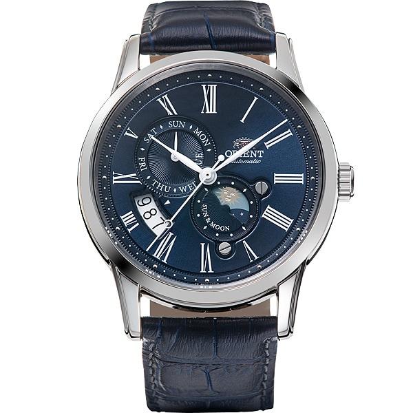 Orient Мужской TRN-AK0004L (Orient Classic СОЛНЦЕ И ЛУНА) Круглые часы из синей нержавеющей стали с несколькими стрелками, аналоговые