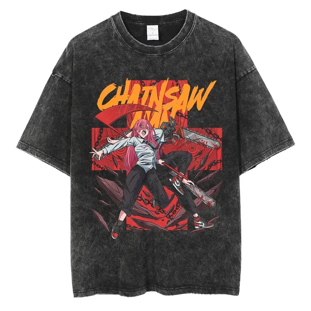 Anime Chainsaw Washed Short Sleeved Round Neck Yk Tshirt Ropa Hombre Men Clothing New in Top Tees Mens TShirt Camisetas