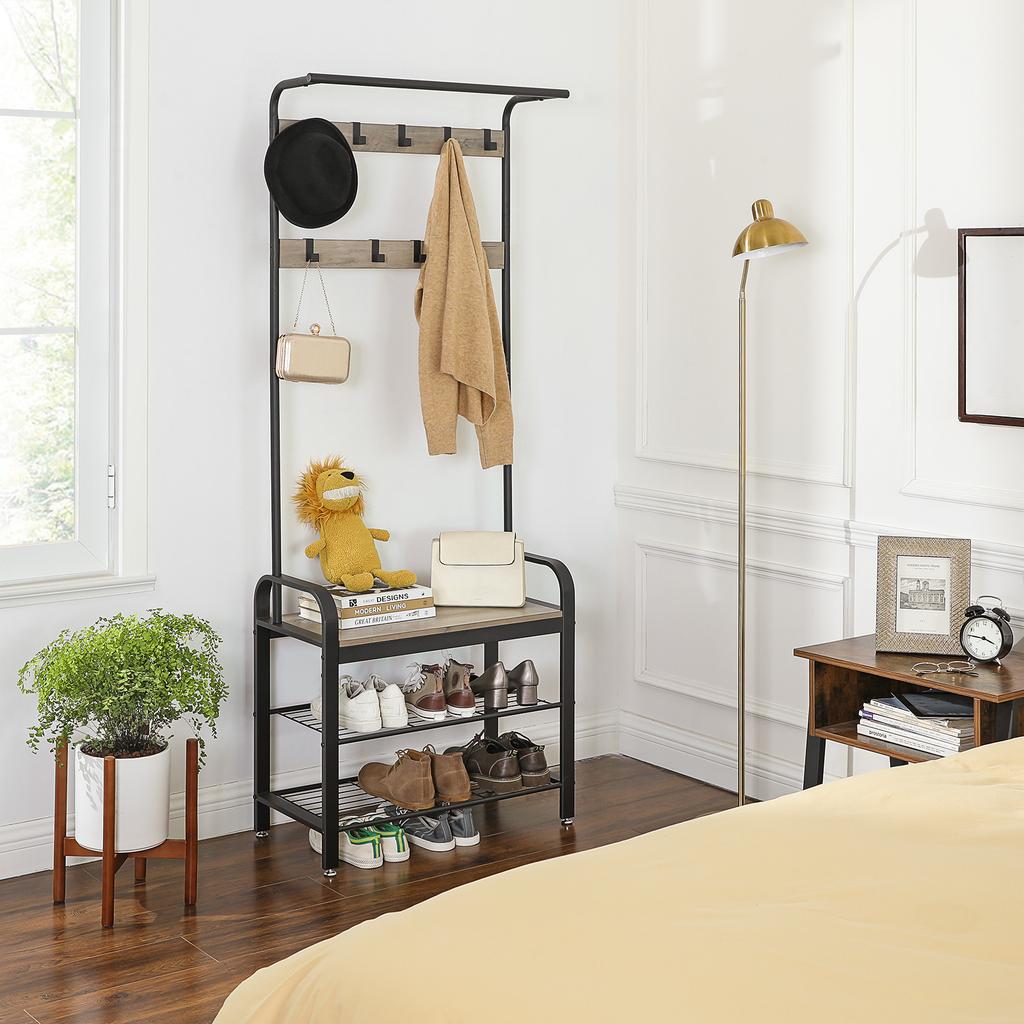 VASAGLE Coat Rack, Coat Stand with Shoe Storage Bench, 4-in-1 Design, with 9 Removable Hooks, a Clothes Rail, for Hallway, Entrance