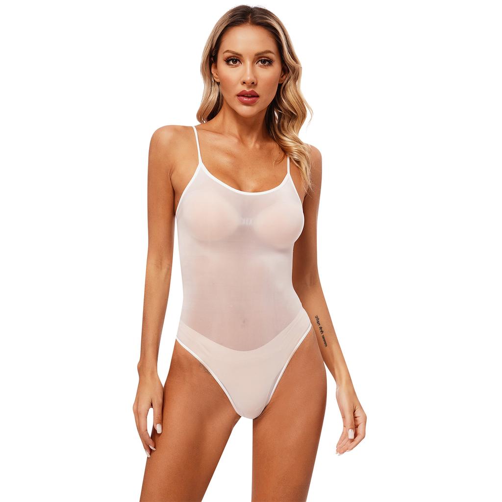 Womens Glossy Sling Bodysuit Adjustable Strap See Through Lingerie Stretchy High Cut Bodycon Lingerie