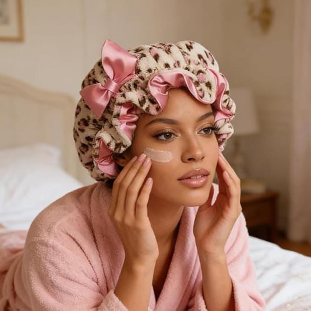 Luxury Leopard Pink Sleep Cap – Satin Lining, Frizz Control, Stretch Fit for Curly Hair