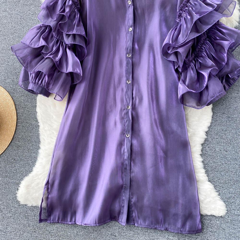 RUGOD Весеннее однобортное платье в европейском и американском стиле с французскими рюшами и трехмерными цветочными рукавами