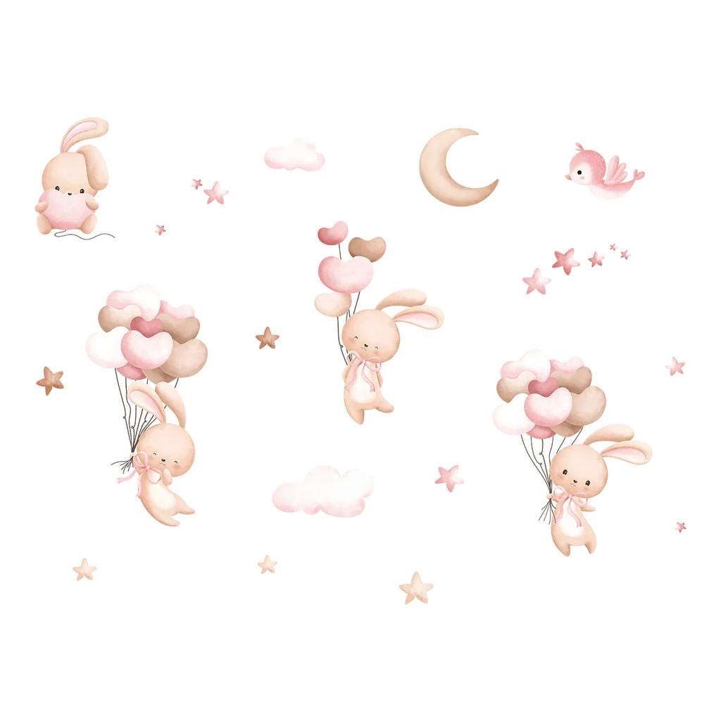 Pink Cartoon Bunny Moon Clouds Stars Watercolor Nursery Stickers Vinyl Children Wall Decals Art Print Kids Girls Room Home Decor