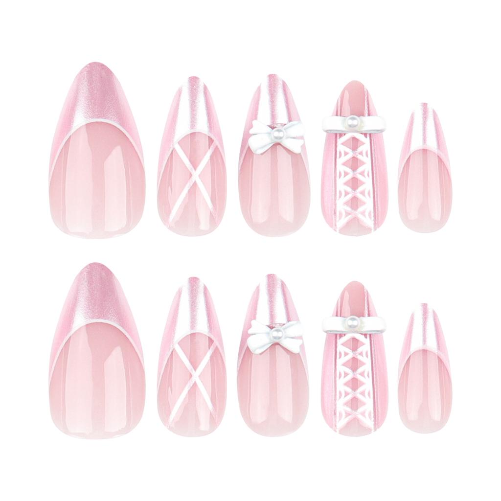 24 Pieces Wearable Nail Piece Sweet Girl French Pink Manicure Bow Pearl Staggered Almond Wearing Nail