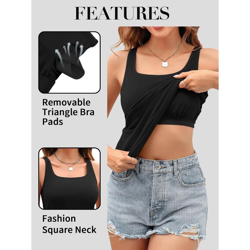 CHARMLEAKS Женская длинная майка с бюстгальтером с квадратным вырезом и широкими бретелями, летние хлопковые майки