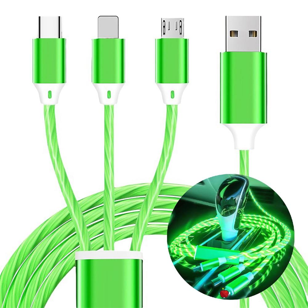 Универсальный USB-кабель 3-в-1 с текущим светодиодным индикатором для зарядки телефона, с разъемами для Apple+Type C+Micro USB