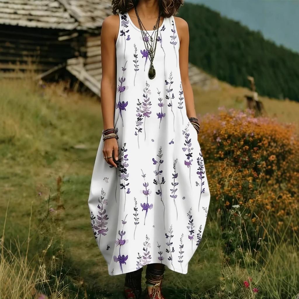 eBay cross-border European, American and foreign trade spring and summer French lavender floral dress loose and thin holiday sleeveless dress