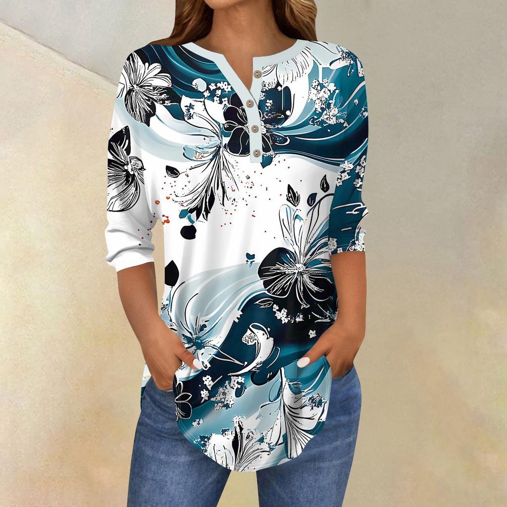 Рубашки с рукавом 3/4 для женщин, модные, повседневные, с круглым вырезом, с принтом, футболка, топ