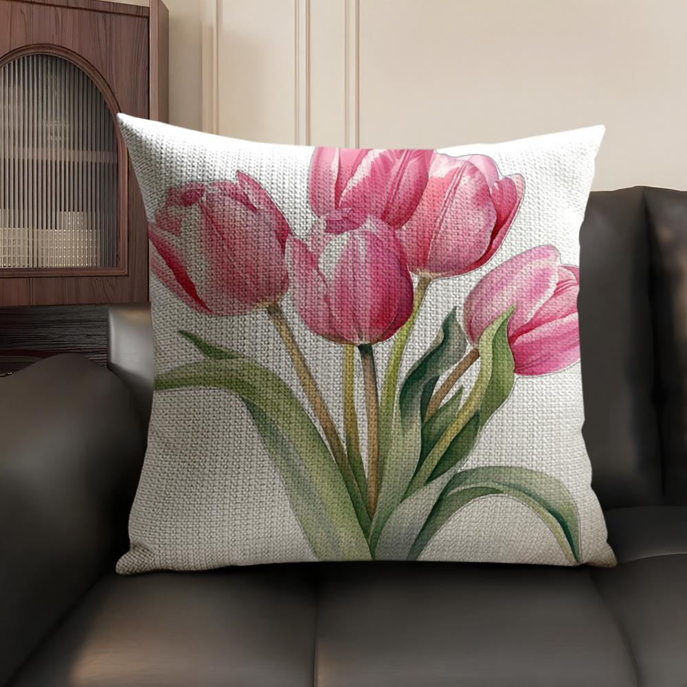 Watercolor Tulip Painting Cushion Cover Natural Linen Organic Fabric DoubleSided Printing Sofa Home Decor Gift Pillow Case