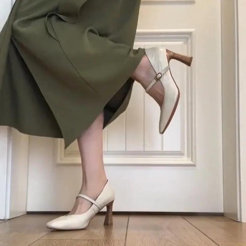 8 см каблук черно-коричневые туфли Мэри Джейн женские туфли с острым носком на толстом каблуке офисные туфли лодочки европейский размер 33-40