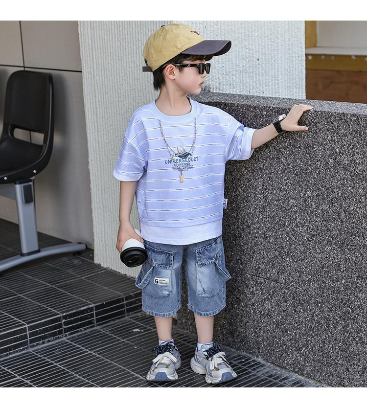 Boys' Summer Striped Short Sleeve Set 2026 New Style Handsome and Fashionable Little Boys' Summer Fashion Cool Wear with Jeans
