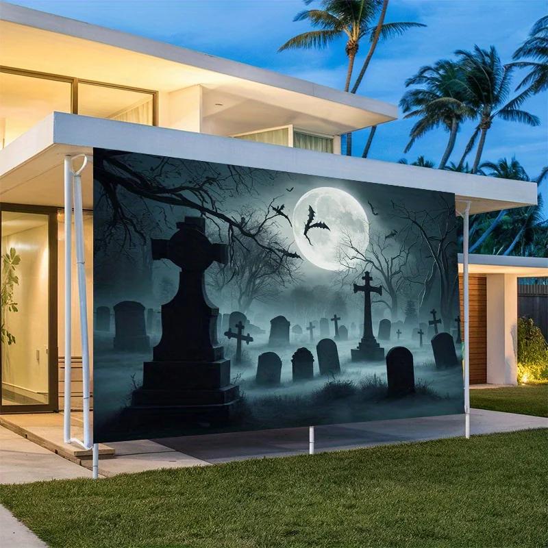 Moonlight Graveyard Party Banner - Scary Halloween decoration with full moon tombstones and bats