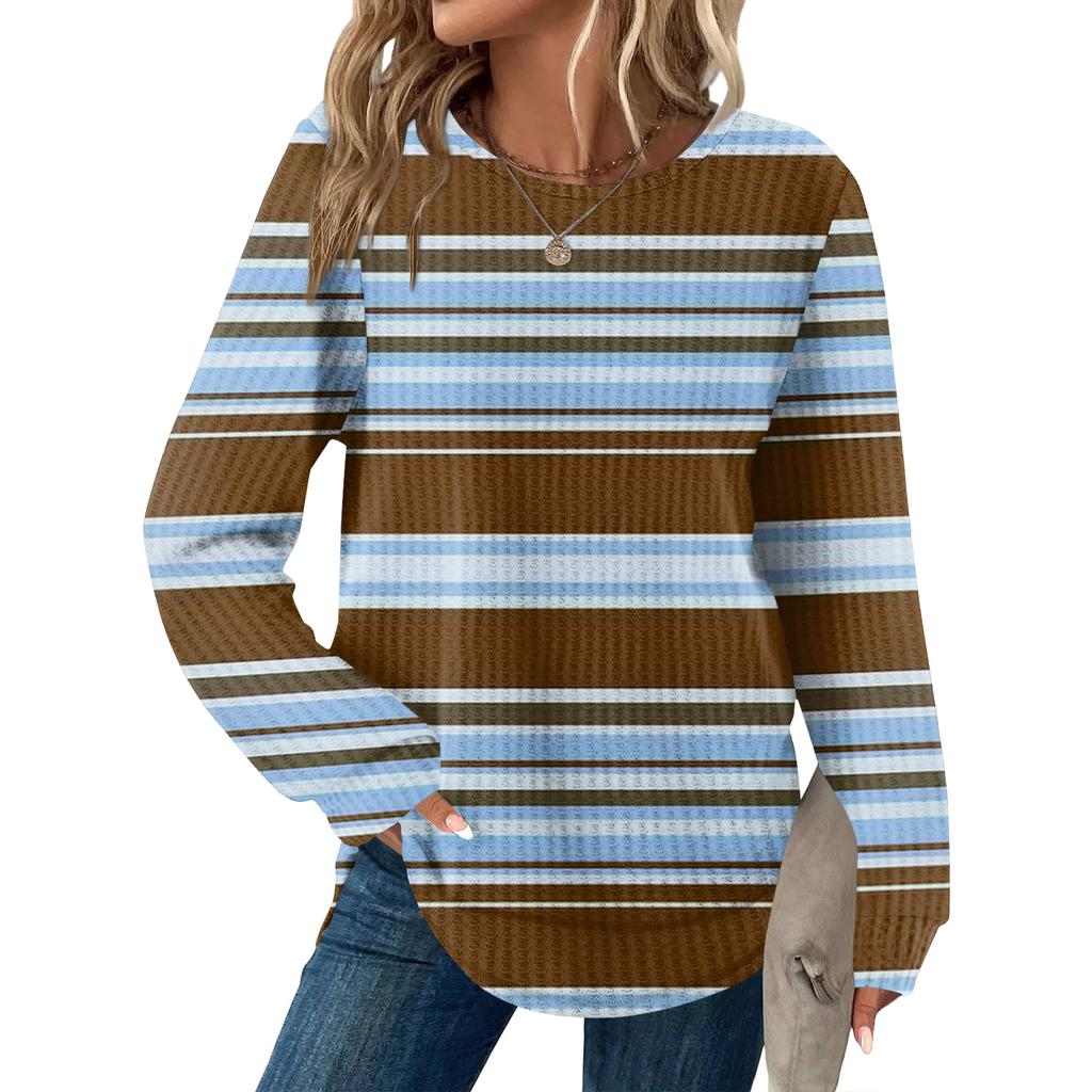 Women's Striped Print Round Neck Long Sleeve Loose Casual Top