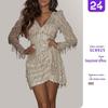 2025 European & American Women's Sequin V-neck Long Sleeve Irregular Tassel Dress