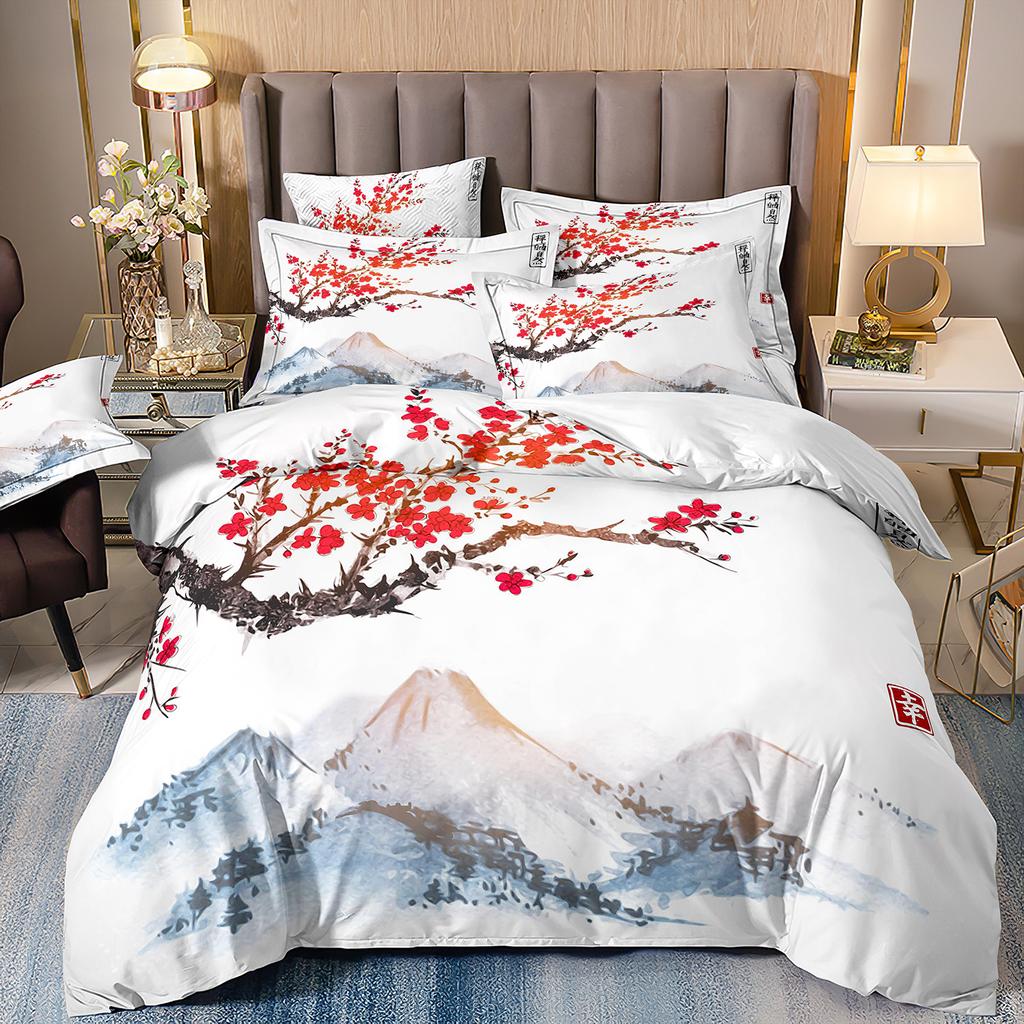 3D Three-Piece Ukiyo-E Painting Wave Flower Quilt Cover Digital Printing Bedding