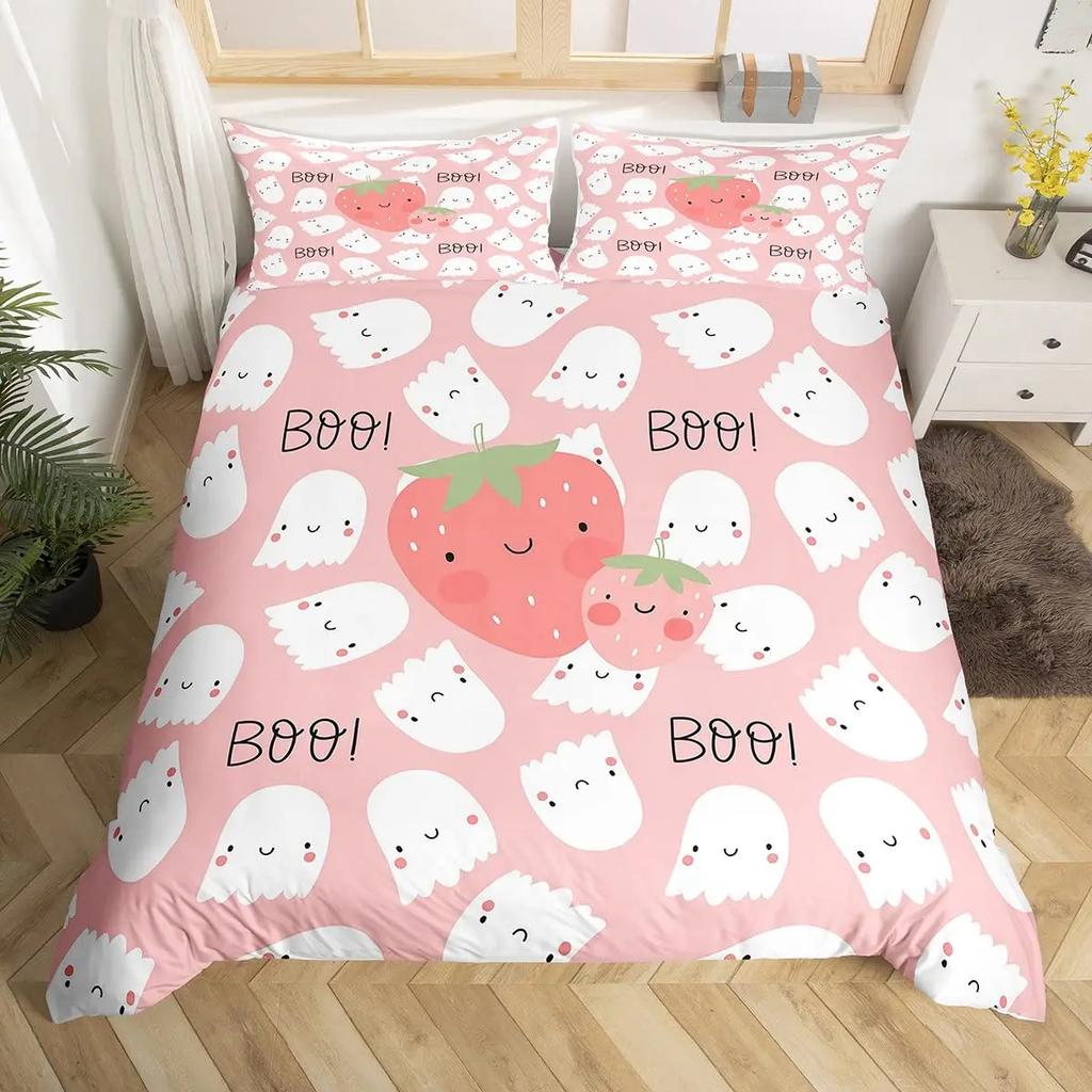 Strawberry Duvet Cover SetRed Strawberry Bedding Set For Girls Cute Black White Geometric Plaid Grid Comforter Cover Full Size