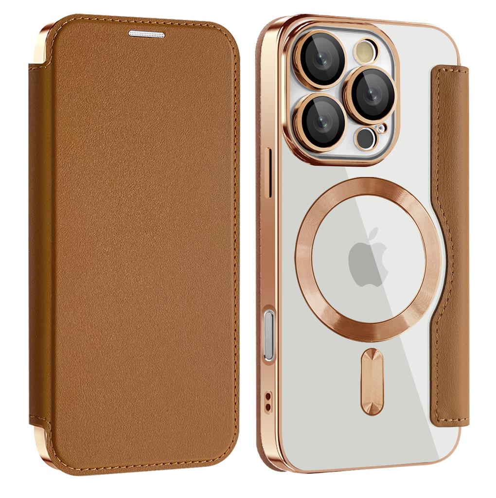 Для iPhone 11 12 13 14 15 16 серии. Чехол-книжка Gold Shield Magnetic Business Leather Case, совместимый с MagSafe, со слотами для карт с блокировкой RFID и защитой линз