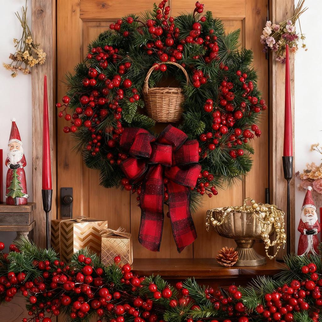 Red & Black Plaid Bow Christmas Wreath with Artificial Berries