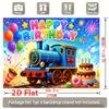 Vibrant Multicolor Retro Train Themed Birthday Banner with Balloons, Fireworks and Donuts, Blue Steam Locomotive Backdrop for Entrance