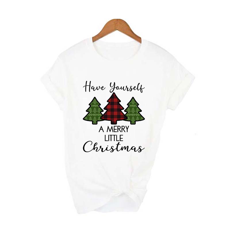 Merry Christmas Plaid Tree Printed T Shirt Fashion Graphic Women Top Tshirt Female Kawaii Tee Ladies