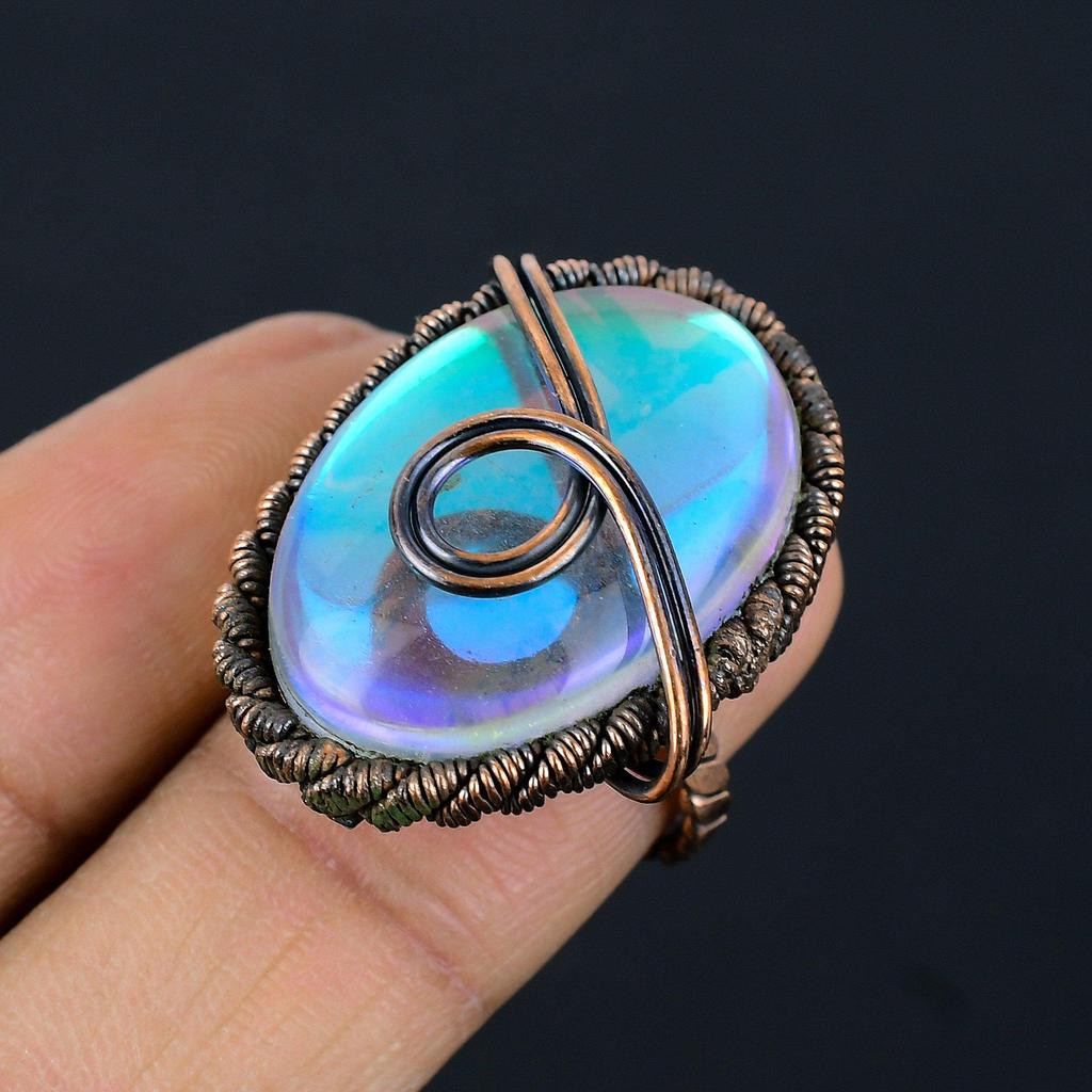 Mystic Topaz Gemstone Copper Wire Wrapped Handmade Jewelry Ring For Gift