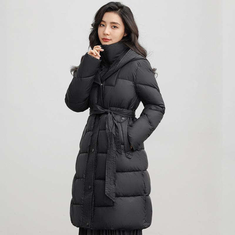 Women's cotton-padded clothes medium and long stand-up collar large brim hooded temperament slim-fitting belt cotton-padded clothes solid-color c