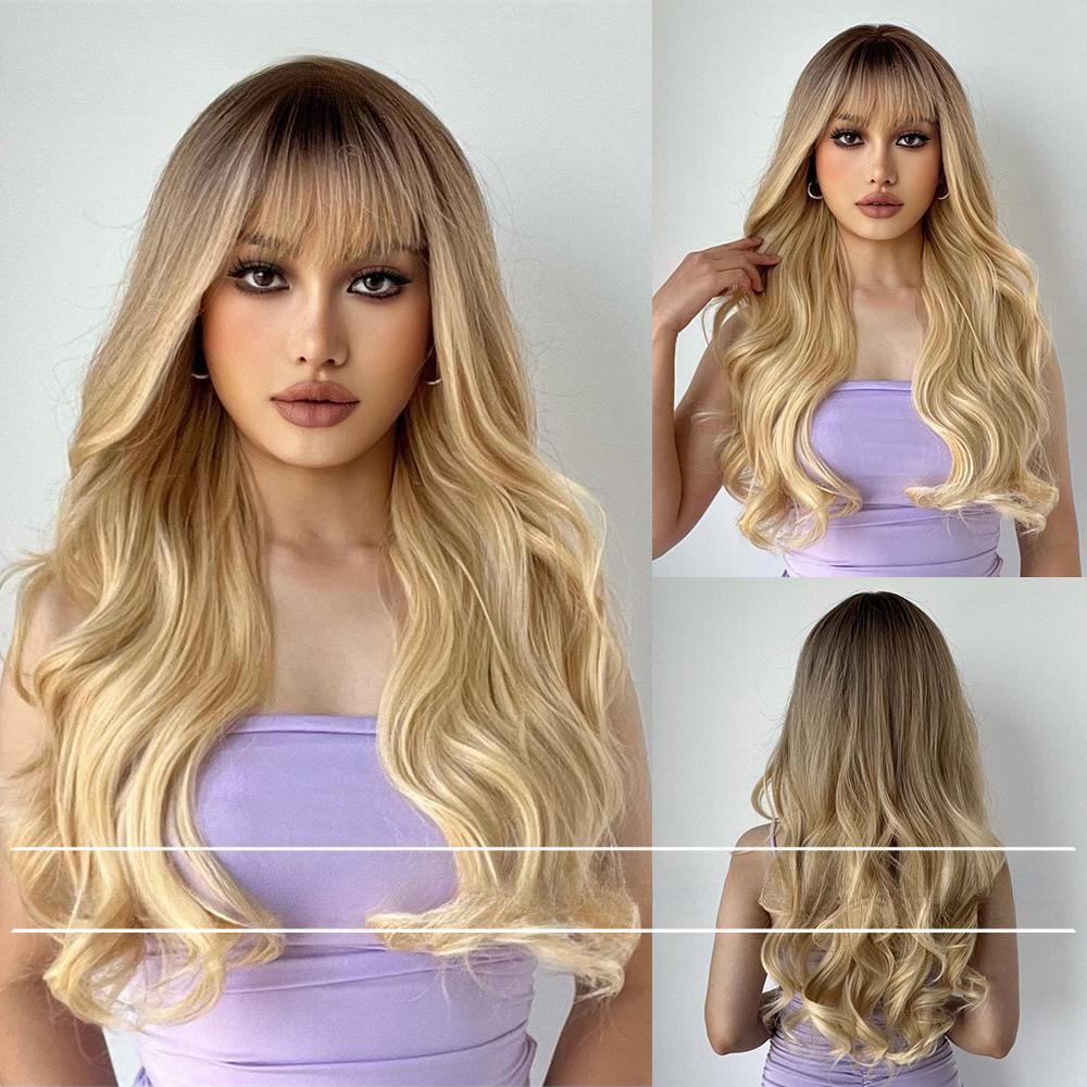 Полный головной убор черный постепенное изменение золотой челка Qi длинные вьющиеся волосы большая волна парик женский