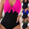Women Sexy Monokini Halter Deep V-Neck One-piece Swimsuit Patchwork Color Bowknot Decor High Waist