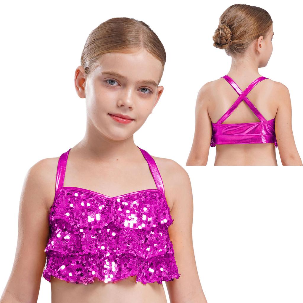 Girls Glittery Sequins Crop Top Tiered Ruffles Cross Back Metallic Camisole for Jazz Dance Performance